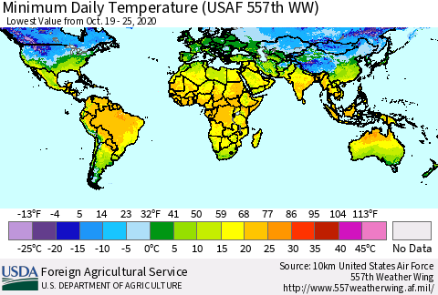World Minimum Daily Temperature (USAF 557th WW) Thematic Map For 10/19/2020 - 10/25/2020