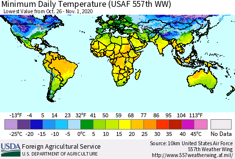 World Minimum Daily Temperature (USAF 557th WW) Thematic Map For 10/26/2020 - 11/1/2020