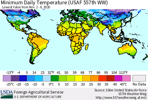 World Minimum Daily Temperature (USAF 557th WW) Thematic Map For 11/2/2020 - 11/8/2020