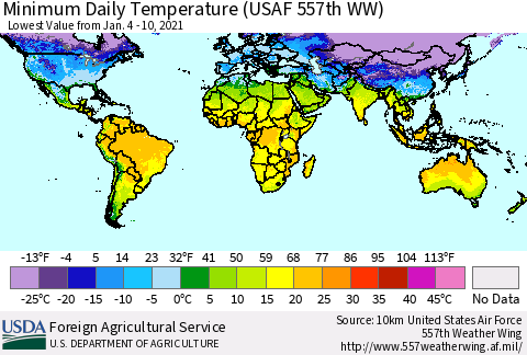 World Minimum Daily Temperature (USAF 557th WW) Thematic Map For 1/4/2021 - 1/10/2021