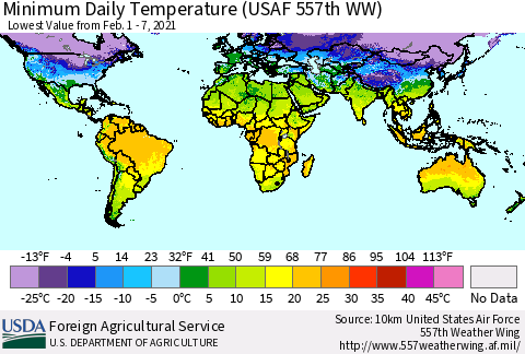 World Minimum Daily Temperature (USAF 557th WW) Thematic Map For 2/1/2021 - 2/7/2021