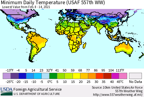 World Minimum Daily Temperature (USAF 557th WW) Thematic Map For 2/8/2021 - 2/14/2021