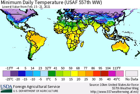 World Minimum Daily Temperature (USAF 557th WW) Thematic Map For 2/15/2021 - 2/21/2021