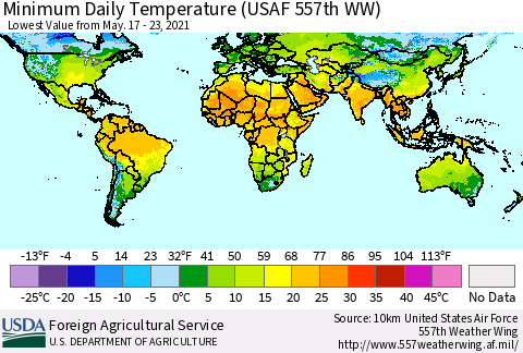 World Minimum Daily Temperature (USAF 557th WW) Thematic Map For 5/17/2021 - 5/23/2021