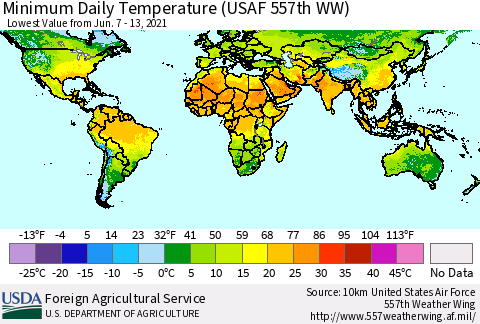 World Minimum Daily Temperature (USAF 557th WW) Thematic Map For 6/7/2021 - 6/13/2021