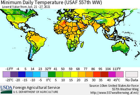 World Minimum Daily Temperature (USAF 557th WW) Thematic Map For 6/21/2021 - 6/27/2021
