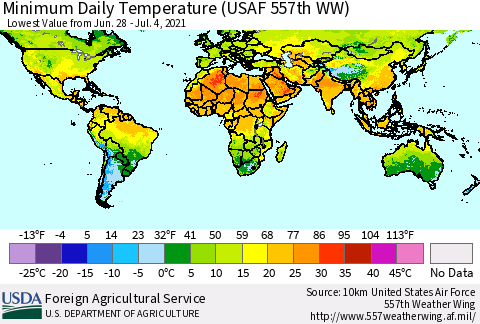World Minimum Daily Temperature (USAF 557th WW) Thematic Map For 6/28/2021 - 7/4/2021
