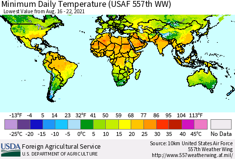 World Minimum Daily Temperature (USAF 557th WW) Thematic Map For 8/16/2021 - 8/22/2021