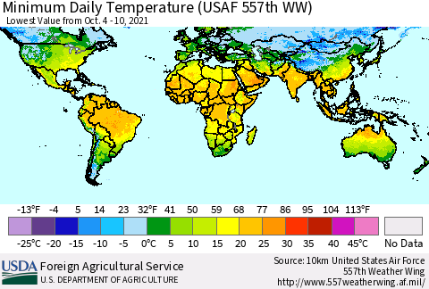 World Minimum Daily Temperature (USAF 557th WW) Thematic Map For 10/4/2021 - 10/10/2021