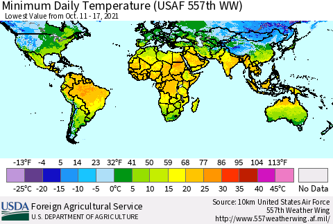 World Minimum Daily Temperature (USAF 557th WW) Thematic Map For 10/11/2021 - 10/17/2021