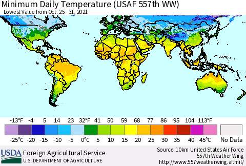 World Minimum Daily Temperature (USAF 557th WW) Thematic Map For 10/25/2021 - 10/31/2021