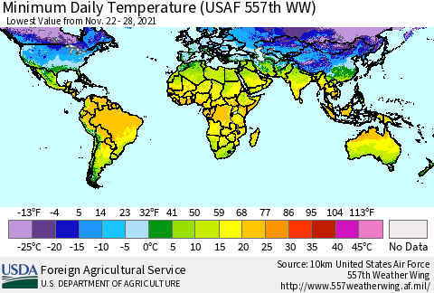 World Minimum Daily Temperature (USAF 557th WW) Thematic Map For 11/22/2021 - 11/28/2021