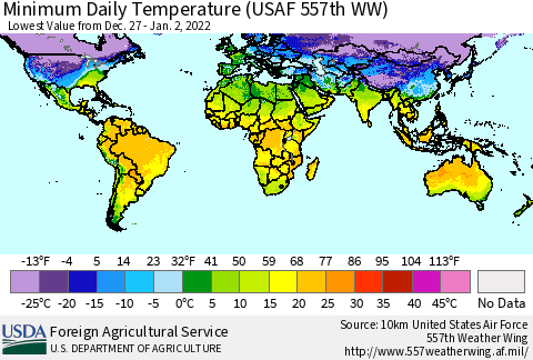 World Minimum Daily Temperature (USAF 557th WW) Thematic Map For 12/27/2021 - 1/2/2022