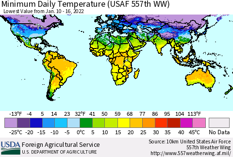 World Minimum Daily Temperature (USAF 557th WW) Thematic Map For 1/10/2022 - 1/16/2022