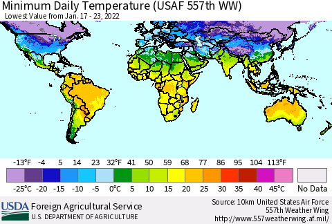 World Minimum Daily Temperature (USAF 557th WW) Thematic Map For 1/17/2022 - 1/23/2022