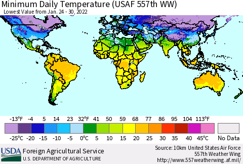 World Minimum Daily Temperature (USAF 557th WW) Thematic Map For 1/24/2022 - 1/30/2022