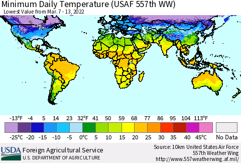 World Minimum Daily Temperature (USAF 557th WW) Thematic Map For 3/7/2022 - 3/13/2022