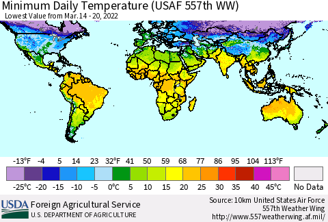 World Minimum Daily Temperature (USAF 557th WW) Thematic Map For 3/14/2022 - 3/20/2022