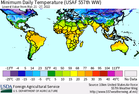 World Minimum Daily Temperature (USAF 557th WW) Thematic Map For 3/21/2022 - 3/27/2022