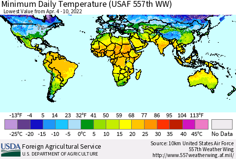 World Minimum Daily Temperature (USAF 557th WW) Thematic Map For 4/4/2022 - 4/10/2022