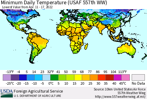 World Minimum Daily Temperature (USAF 557th WW) Thematic Map For 4/11/2022 - 4/17/2022