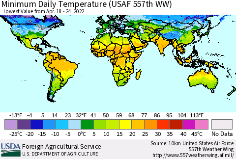 World Minimum Daily Temperature (USAF 557th WW) Thematic Map For 4/18/2022 - 4/24/2022