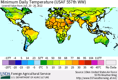 World Minimum Daily Temperature (USAF 557th WW) Thematic Map For 6/20/2022 - 6/26/2022