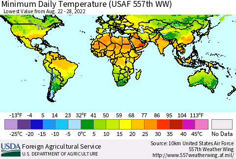 World Minimum Daily Temperature (USAF 557th WW) Thematic Map For 8/22/2022 - 8/28/2022