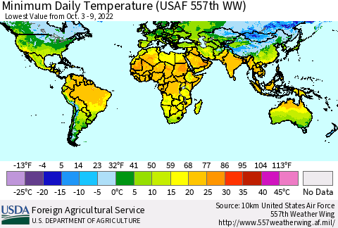 World Minimum Daily Temperature (USAF 557th WW) Thematic Map For 10/3/2022 - 10/9/2022