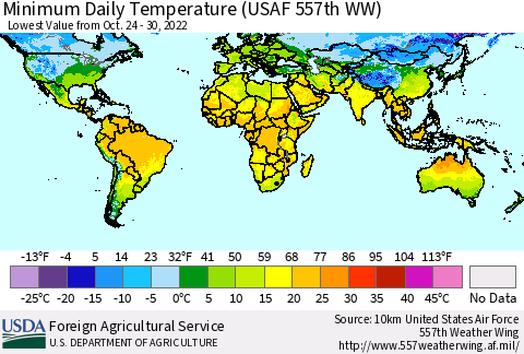 World Minimum Daily Temperature (USAF 557th WW) Thematic Map For 10/24/2022 - 10/30/2022
