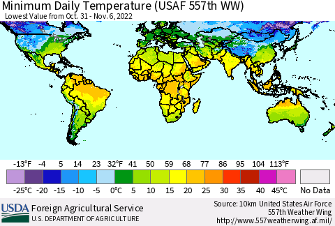 World Minimum Daily Temperature (USAF 557th WW) Thematic Map For 10/31/2022 - 11/6/2022