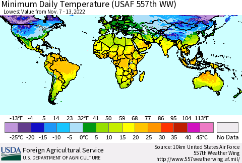 World Minimum Daily Temperature (USAF 557th WW) Thematic Map For 11/7/2022 - 11/13/2022