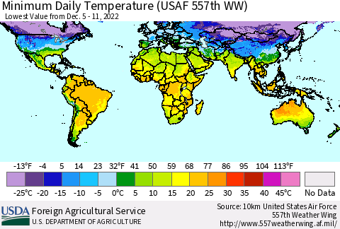 World Minimum Daily Temperature (USAF 557th WW) Thematic Map For 12/5/2022 - 12/11/2022