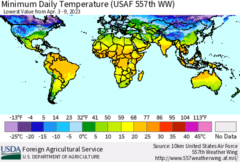 World Minimum Daily Temperature (USAF 557th WW) Thematic Map For 4/3/2023 - 4/9/2023