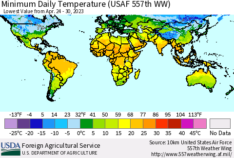 World Minimum Daily Temperature (USAF 557th WW) Thematic Map For 4/24/2023 - 4/30/2023