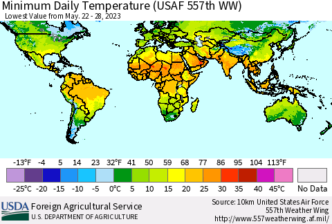 World Minimum Daily Temperature (USAF 557th WW) Thematic Map For 5/22/2023 - 5/28/2023