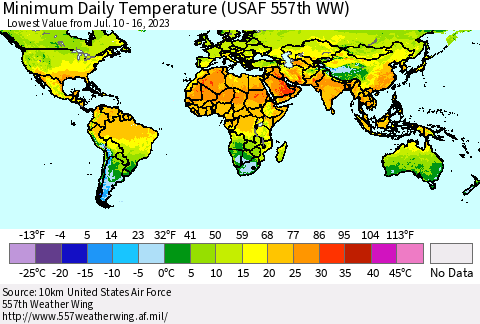World Minimum Daily Temperature (USAF 557th WW) Thematic Map For 7/10/2023 - 7/16/2023
