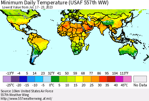 World Minimum Daily Temperature (USAF 557th WW) Thematic Map For 7/17/2023 - 7/23/2023