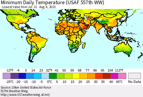 World Minimum Daily Temperature (USAF 557th WW) Thematic Map For 7/31/2023 - 8/6/2023