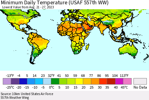 World Minimum Daily Temperature (USAF 557th WW) Thematic Map For 8/21/2023 - 8/27/2023