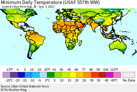 World Minimum Daily Temperature (USAF 557th WW) Thematic Map For 8/28/2023 - 9/3/2023
