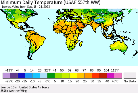 World Minimum Daily Temperature (USAF 557th WW) Thematic Map For 9/18/2023 - 9/24/2023