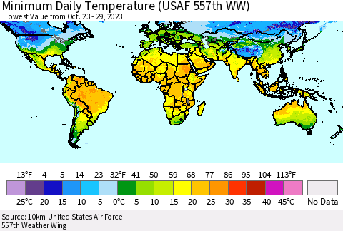 World Minimum Daily Temperature (USAF 557th WW) Thematic Map For 10/23/2023 - 10/29/2023