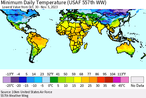 World Minimum Daily Temperature (USAF 557th WW) Thematic Map For 10/30/2023 - 11/5/2023