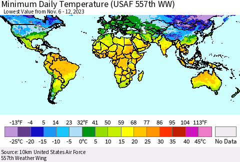 World Minimum Daily Temperature (USAF 557th WW) Thematic Map For 11/6/2023 - 11/12/2023