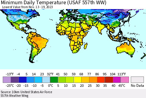 World Minimum Daily Temperature (USAF 557th WW) Thematic Map For 11/13/2023 - 11/19/2023