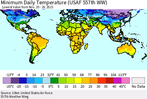 World Minimum Daily Temperature (USAF 557th WW) Thematic Map For 11/20/2023 - 11/26/2023