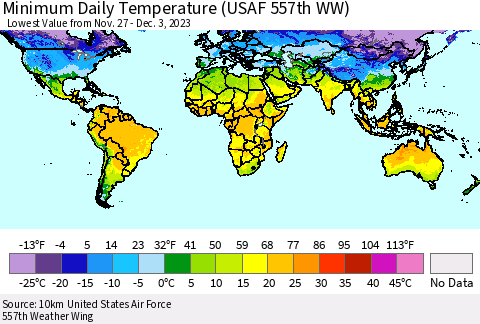 World Minimum Daily Temperature (USAF 557th WW) Thematic Map For 11/27/2023 - 12/3/2023