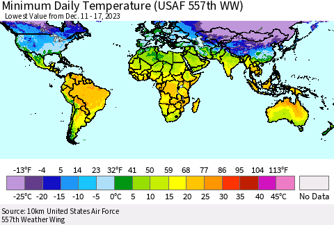 World Minimum Daily Temperature (USAF 557th WW) Thematic Map For 12/11/2023 - 12/17/2023