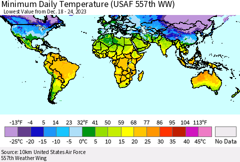 World Minimum Daily Temperature (USAF 557th WW) Thematic Map For 12/18/2023 - 12/24/2023